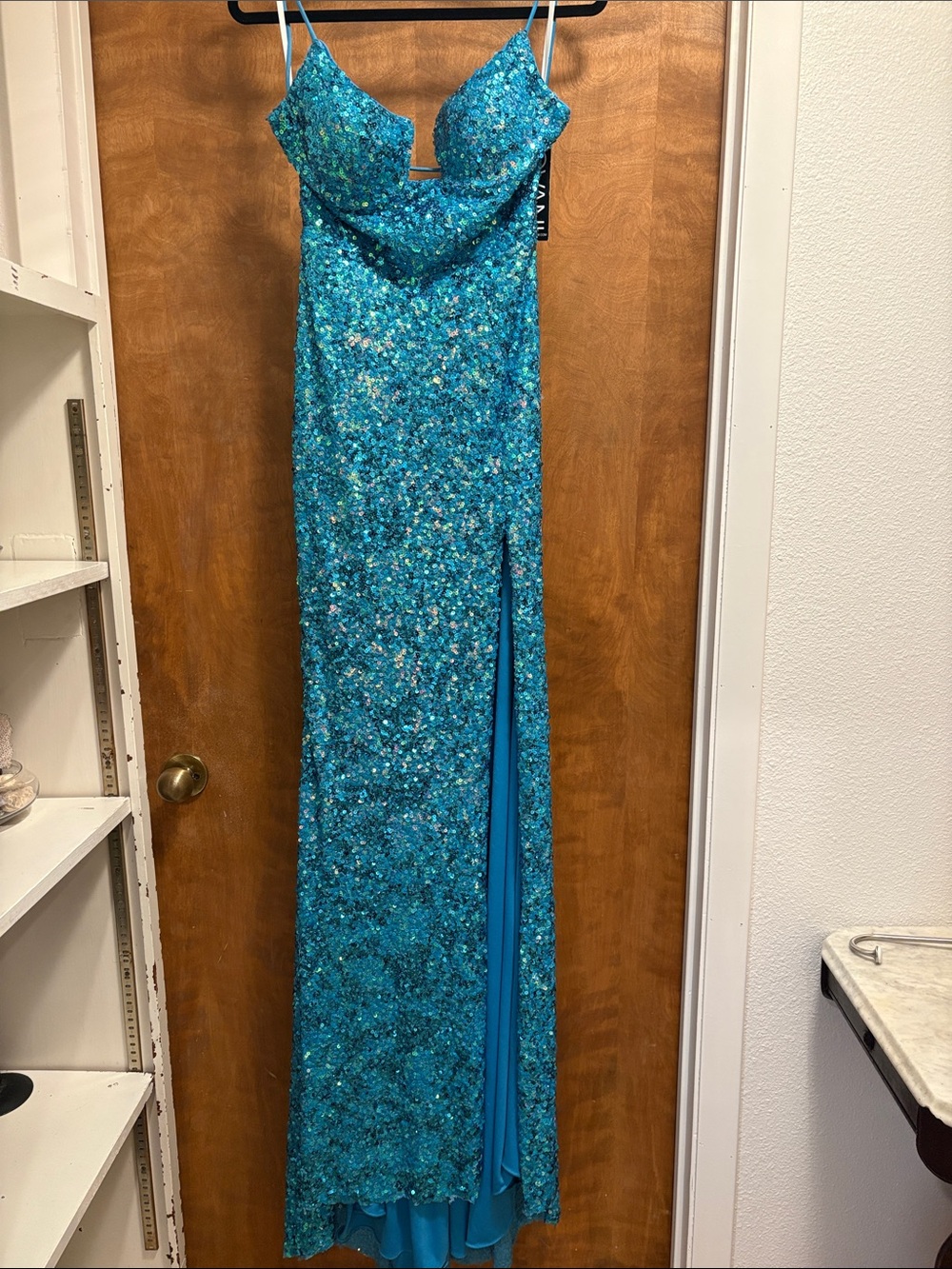 595. Jovani Turquoise Sequin Evening Gown